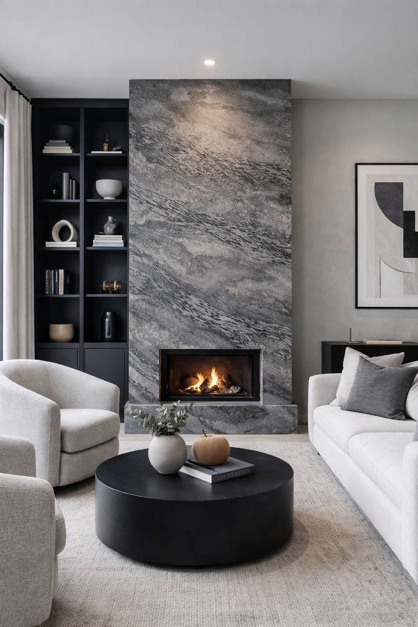 Modern fireplace with decorative plaster finish